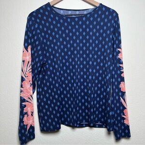 Land's End Women Rash Guard Top‎ Blue Nylon Resort Vacation Floral Ikat Summer